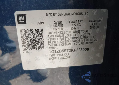 2019 Chevrolet Malibu Lt из США, поврежденный, VIN 1G1ZD5ST2KF228008